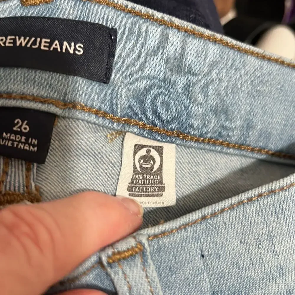 J Crew Fair Trade Certified Light Wash Button Fly Front Raw Hem Skinny Jeans 26